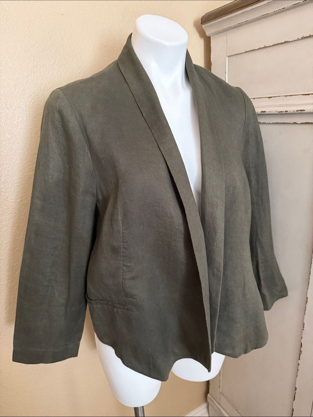 MNG Olive Open-Front Linen Blend Blazer